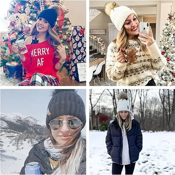 Womens Winter Knitted Beanie Hat with Faux Fur Pom