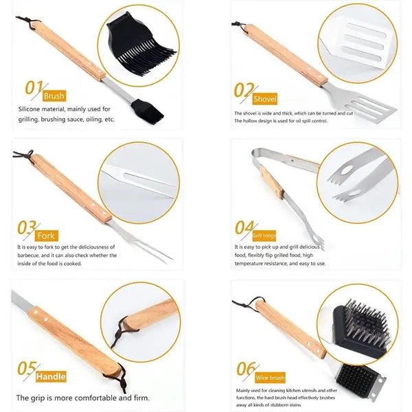 5Pcs BBQ Grill Tools Set with Wooden Handles