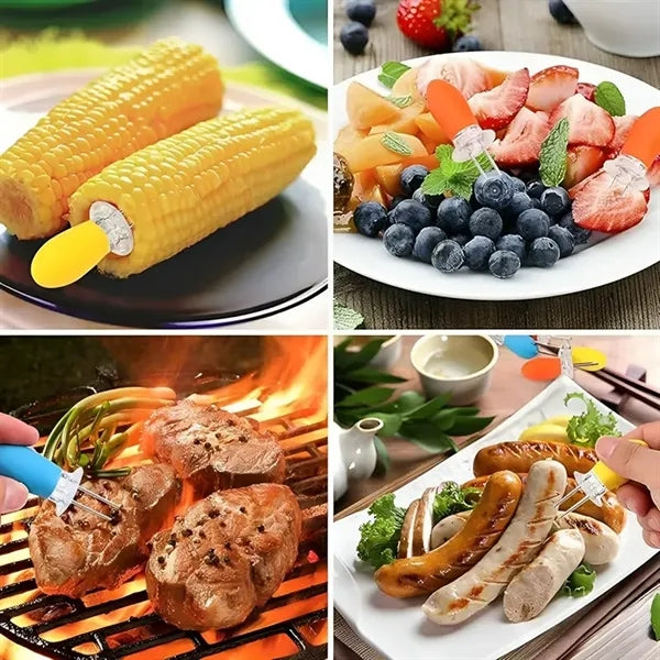 Silicone Handle Stainless Steel Corn Cob Holders Set