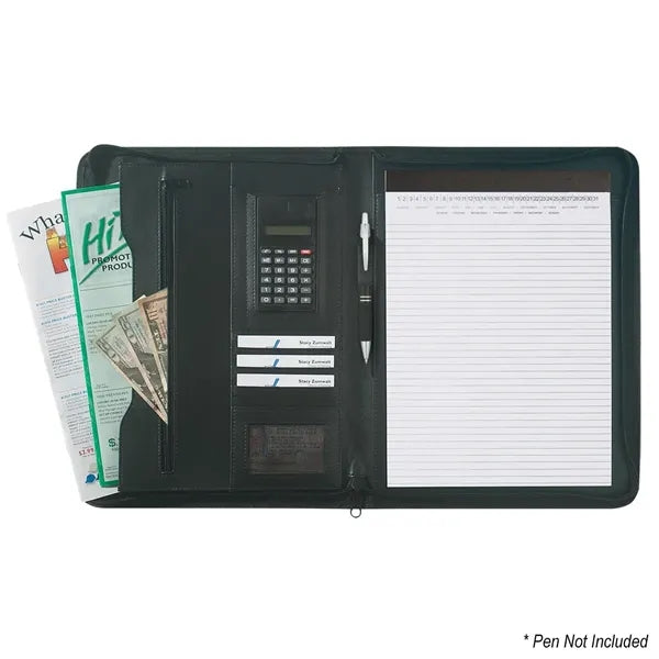 Leather Look 8 1/2" x 11" Zippered Portfolio With Calcul...