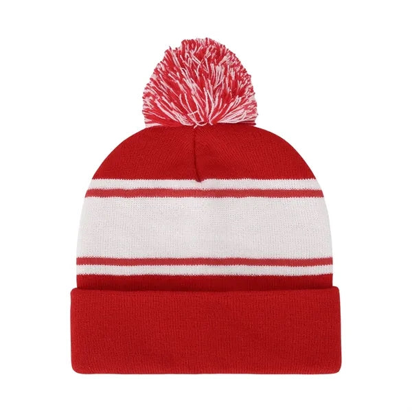 Two-Tone Cuffed Knit Beanie with Pom