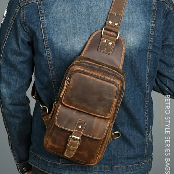 Outdoor travel vintage leather crossbody chest sling bag