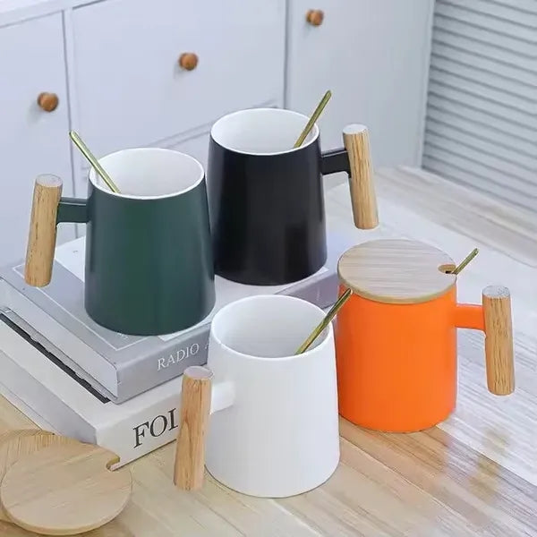 14oz Ceramic Mug Cup With Wooden Handle
