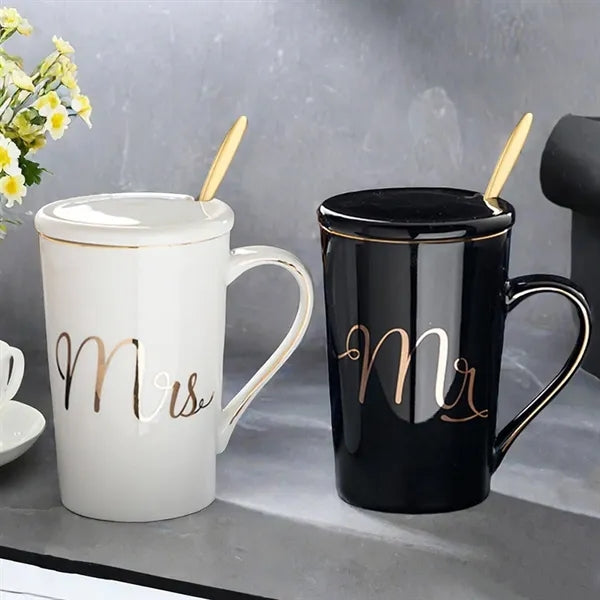 17oz Creative Couple Ceramic Mug Set W/ Lid & Spoon