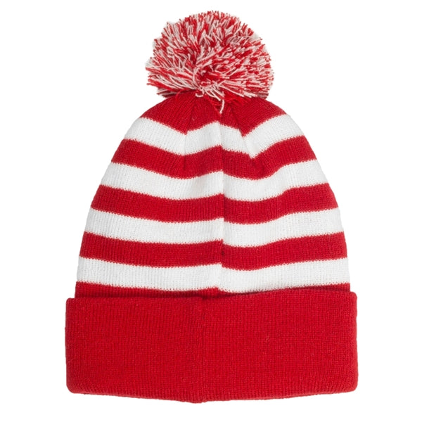 Knit Beanie PomPom w/ Two Tone Stripe