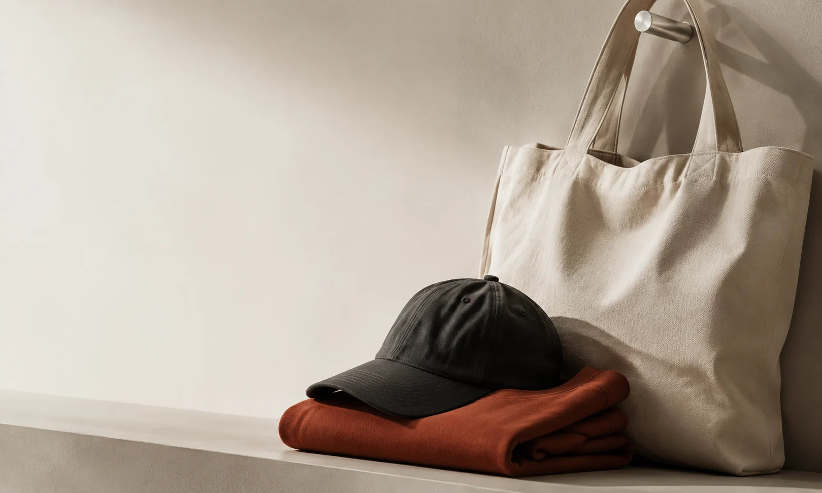Illustrative everyday merchandise direction with tactile canvas and folded apparel