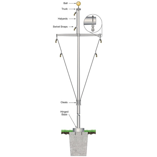 25' Nautical Flagpole w/Yardarm Hinged Base White Fiberglass