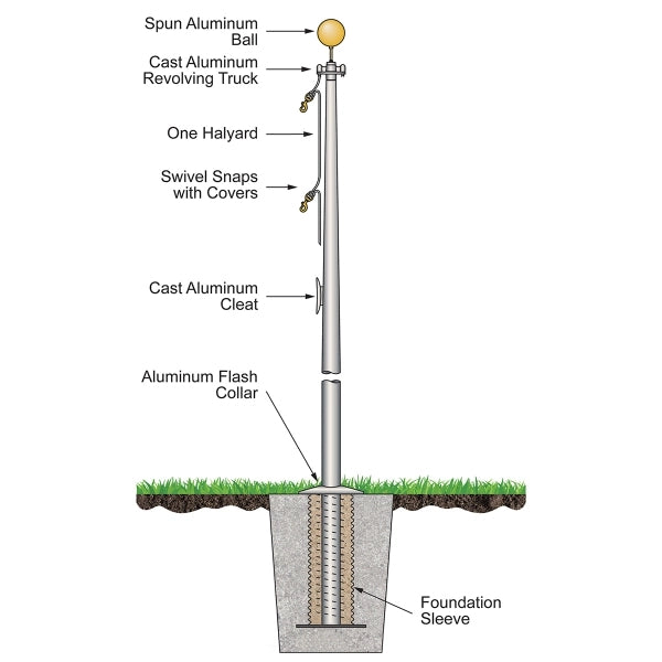 20' Atlas Commercial Pole w/External Halyard - Satin Finish