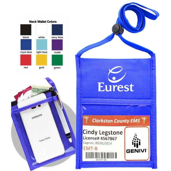 Royal Blue Polyester Zipper Neck Wallet w/ 3/8" Lanyard
