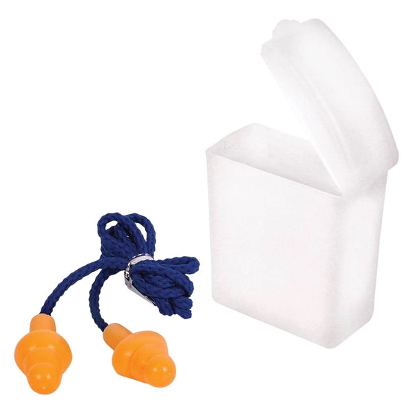 Silicone Earplugs With Blue Nylon Cord and Clear Clip Case