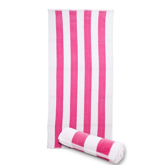 30x62 Neon Pink/White Terry Velour Cabana Stripe Beach Towel