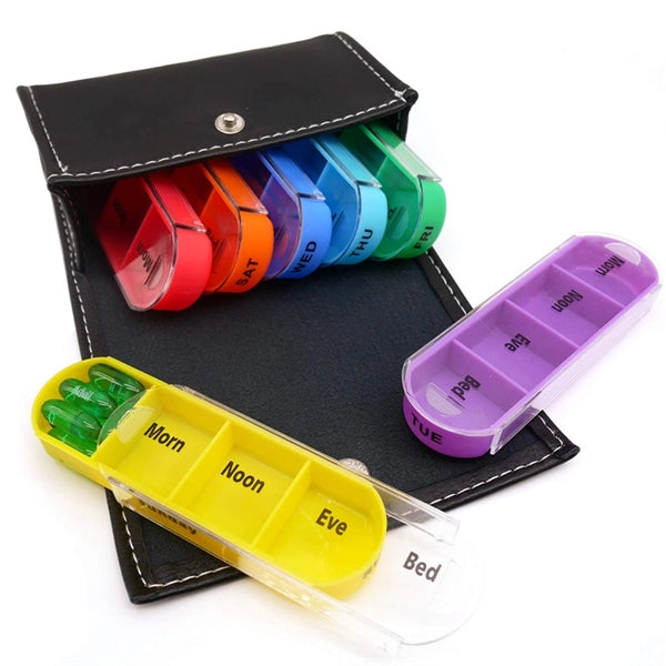 Travel Pill Organizer Box 7 Day with Leather Carrying Case