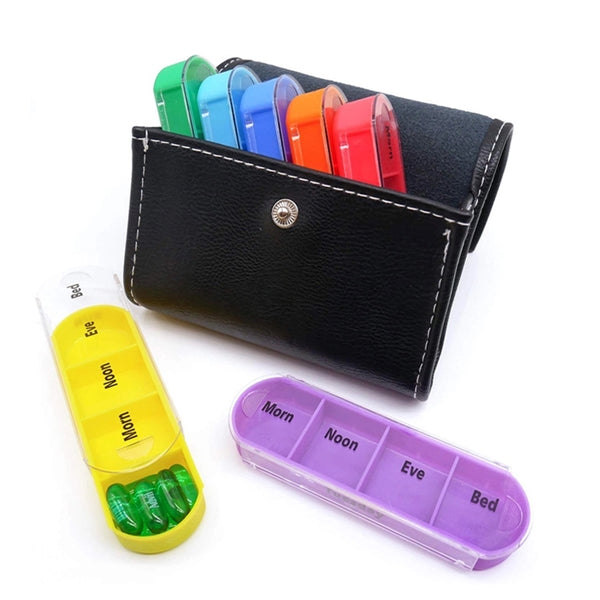 Travel Pill Organizer Box 7 Day with Leather Carrying Case
