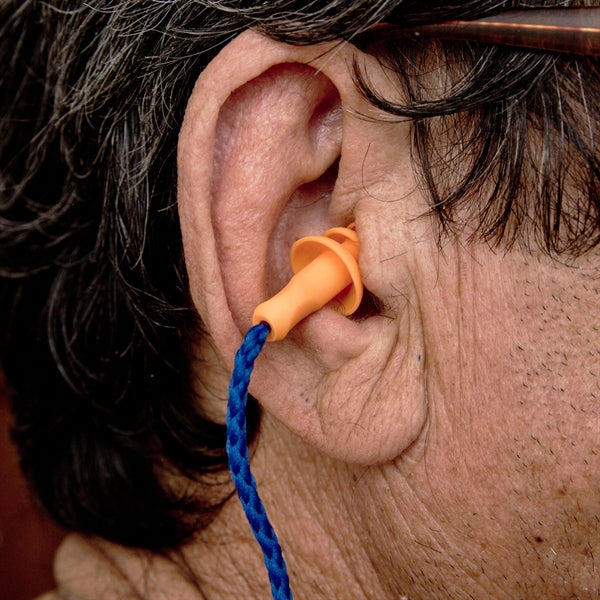 Silicone Earplugs With Blue Nylon Cord and Clear Clip Case