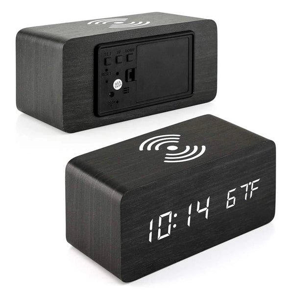 Wooden Alarm Clock With Wireless Charging Pad