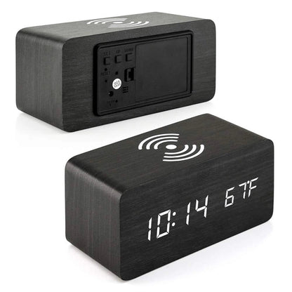 Wooden Alarm Clock With Wireless Charging Pad
