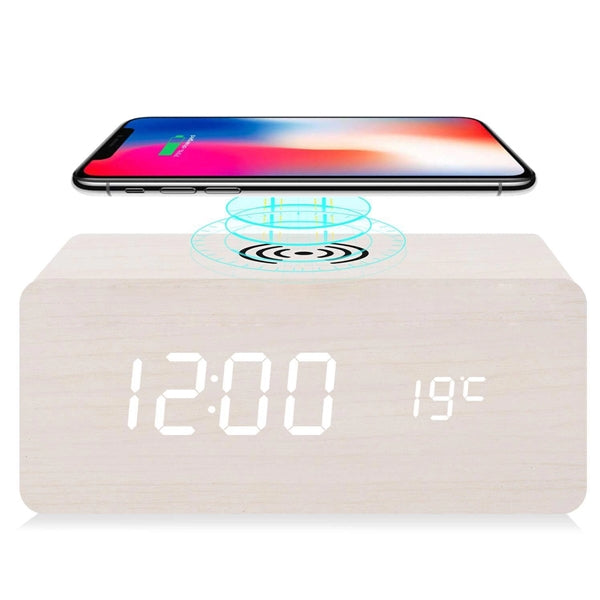 Wooden Alarm Clock With Wireless Charging Pad