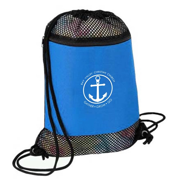 Nylon Mesh Drawstring Gym & Sports Backpack w/ Zipper Pocket