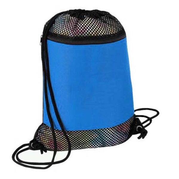 Nylon Mesh Drawstring Gym & Sports Backpack w/ Zipper Pocket