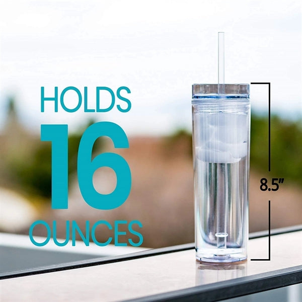 16oz Double Wall Skinny Acrylic Tumblers with Lid and Straw