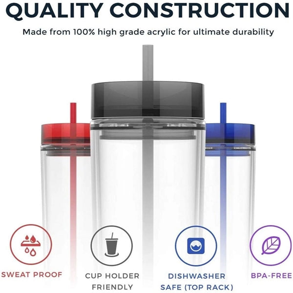 16oz Double Wall Skinny Acrylic Tumblers with Lid and Straw