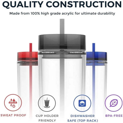 16oz Double Wall Skinny Acrylic Tumblers with Lid and Straw