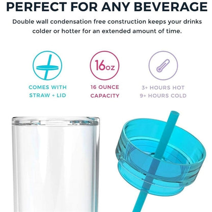 16oz Double Wall Skinny Acrylic Tumblers with Lid and Straw
