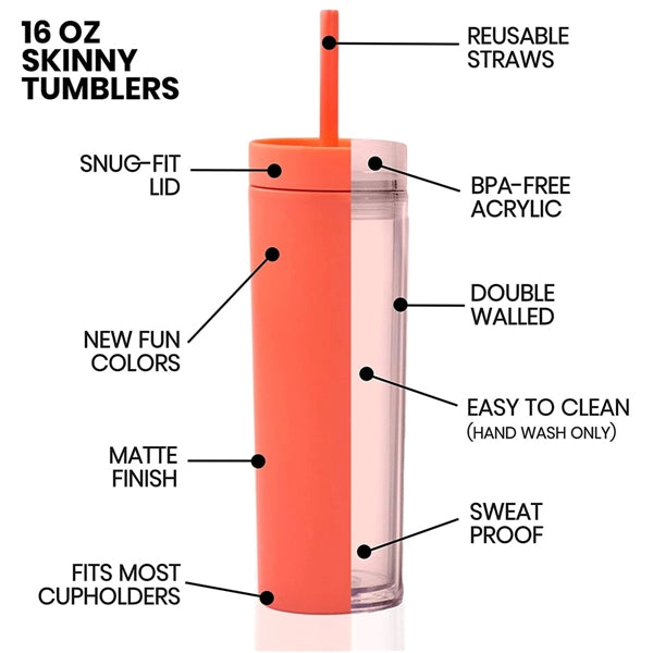 16Oz Skinny Acrylic Tumbler With Lid And Straw