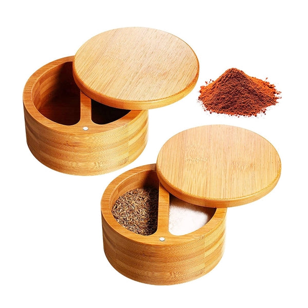 Dual Compartment Round Bamboo Salt And Pepper Box