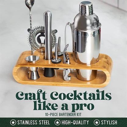 10-Piece Bar Tool Cocktail Shaker Set With Bamboo Stand