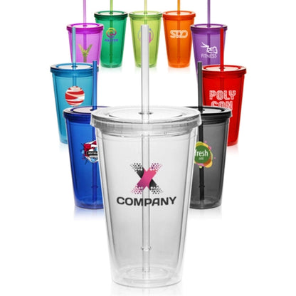 16 OZ. Double Wall Acrylic Travel Mug Tumblers With Straws