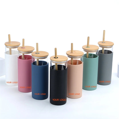 Glass Tumbler Straw Silicone Protective Sleeve Bamboo Lid