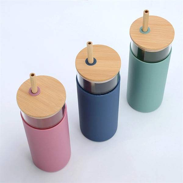 Glass Tumbler Straw Silicone Protective Sleeve Bamboo Lid