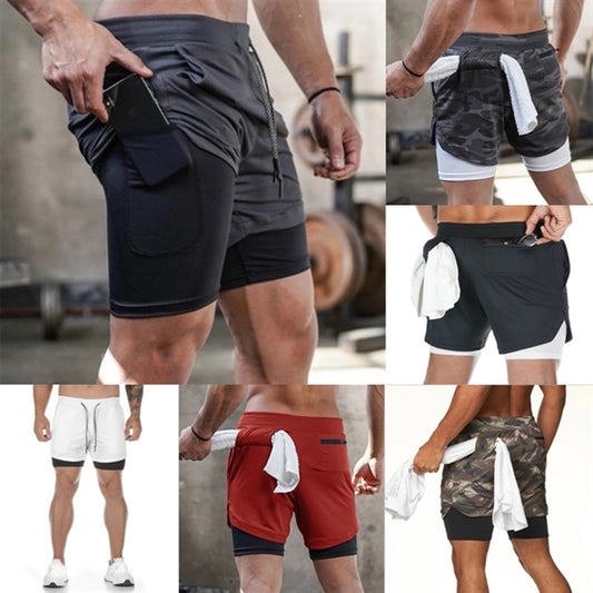 Men 2 In 1 Double-Deck Quick Dry Gym Sports Camo Shorts