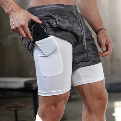Men 2 In 1 Double-Deck Quick Dry Gym Sports Camo Shorts