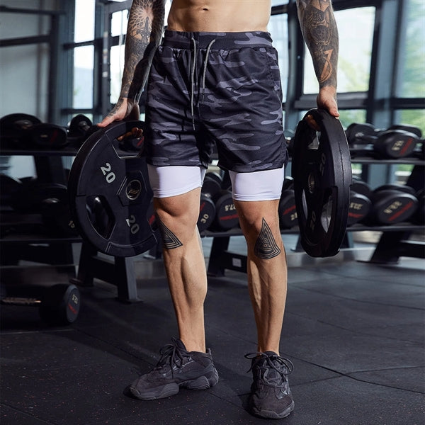 Men 2 In 1 Double-Deck Quick Dry Gym Sports Camo Shorts