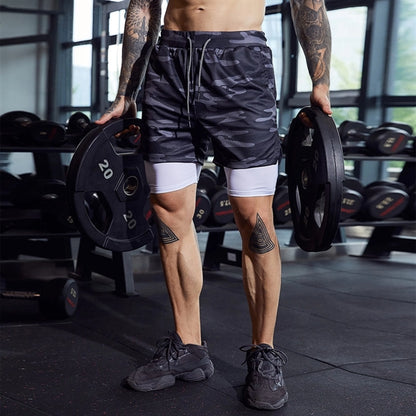 Men 2 In 1 Double-Deck Quick Dry Gym Sports Camo Shorts