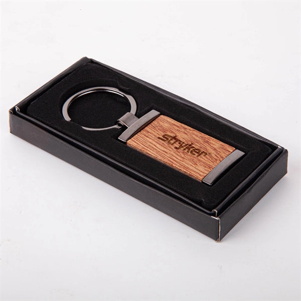 Grafton Gunmetal & Wood Rectangular Key Chain