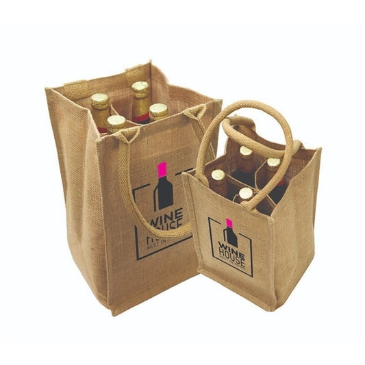 Jute 4 Bottle Wine Bag w/ Cotton Webbed Handles (8 x 14 x 8)