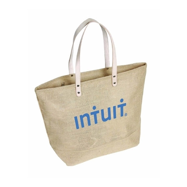 Jute Tote Bag w/ Leather Handles/Zipper Closure & Pocket (S)