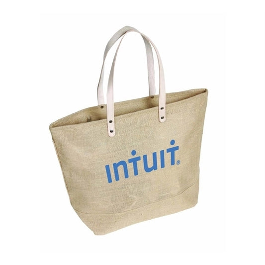 Jute Tote Bag w/ Leather Handles/Zipper Closure & Pocket (S)