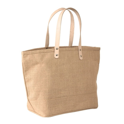 Jute Tote Bag w/ Leather Handles/Zipper Closure & Pocket (S)