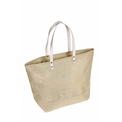 Jute Tote Bag w/ Leather Handles/Zipper Closure & Pocket (L)