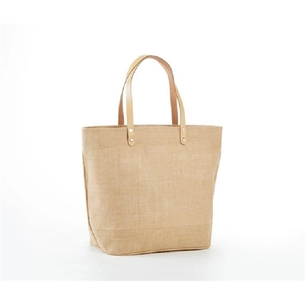 Jute Tote Bag w/ Leather Handles/Zipper Closure & Pocket (L)