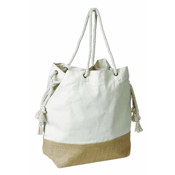 Two Tone Jute/Cotton Drawstring Tote Bag (19 x 15.5 x 6)