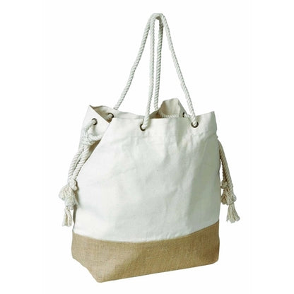 Two Tone Jute/Cotton Drawstring Tote Bag (19 x 15.5 x 6)