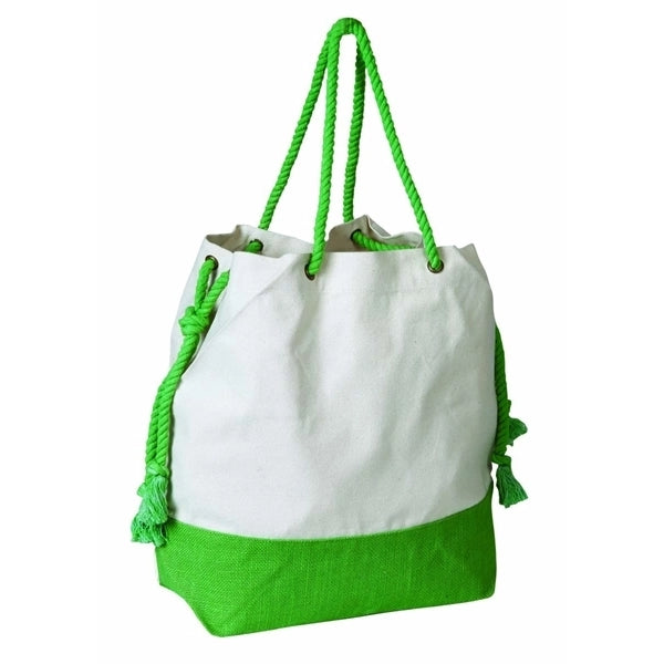 Two Tone Jute/Cotton Drawstring Tote Bag (19 x 15.5 x 6)