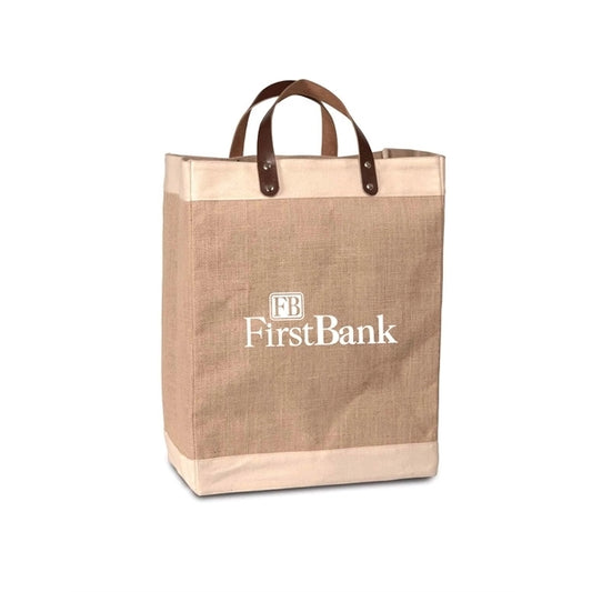 Laminated Jute Market Tote w/ Leather Handles (13 x 17 x 8)