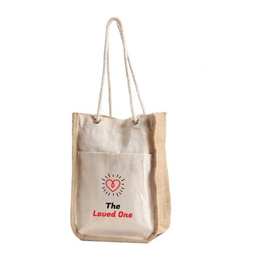 Cotton Gift Bag w/ Front Pocket, Jute Gusset & Rope Handles