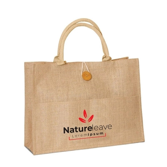Jute Shopping Bag with Front Pocket / Buttoned Closure